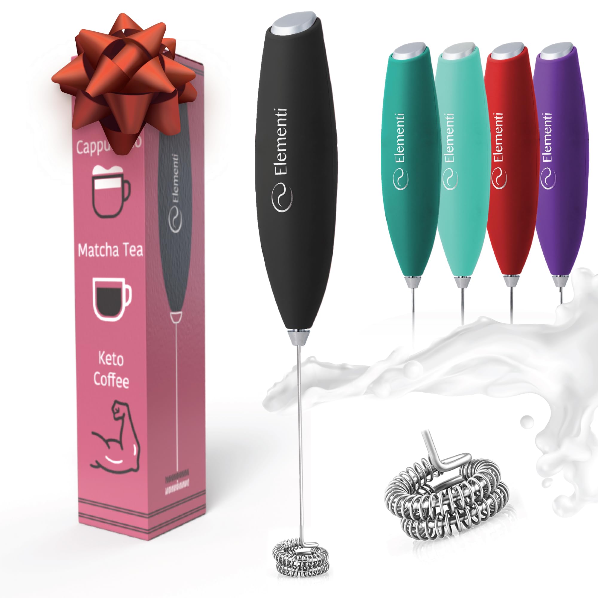 Elementi Milk Frother Handheld - Powerful Mini Coffee Frother Whisk - Hand Held Coffee Whisk Electric & Frappe Maker - Drink Mixer, Stirrer & Electric Milk Foamer (Double Whisk, Black)