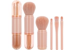 Molain Retractable Makeup Brush, 4 in 1 Portable Travel Lip Brush, Highlight Brush, Eyeshadow Brush, Foundation Blending Powder Brush Mini Facial Cosmetic Makeup Brush Set (Pink)