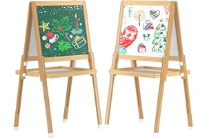Jwviachal Art Easel for Kids, Adjustable Standing Double Sided Wooden Easel Aged 2-8,Toddler Easel with Magnetic Chalkboard/Whiteboard