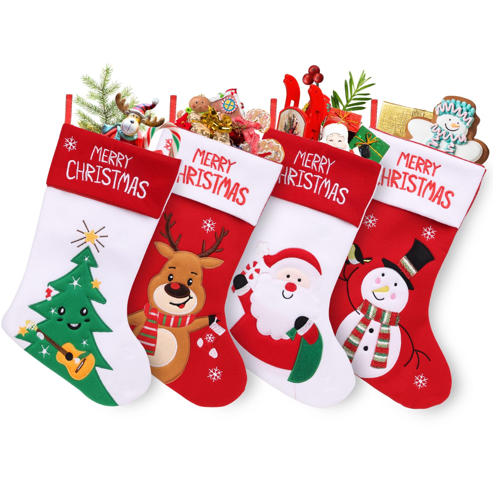 SHAVINGFUN 4 Pack Christmas Stockings, Cartoon Santa Claus, Elk, Snowman, Tree Personalized Hanging Ornaments for Christmas Tree, Family Decorations