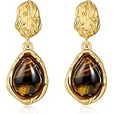 Teardrop Dangle Earrings for Women 14K Gold Plated Textured Brown Tiger Eye Drop Earring Statement Trendy Valentine Jewelry Gifts