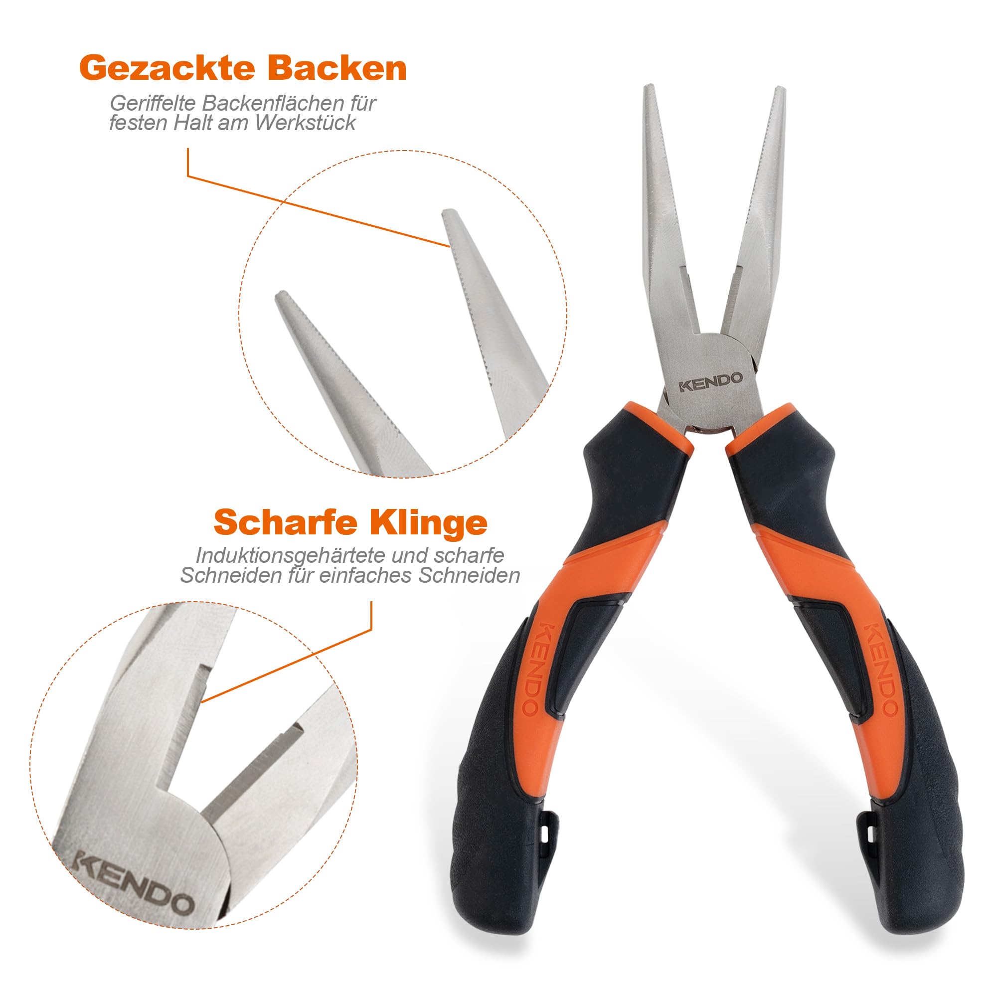 KENDO Zangenset 3-teilig – Kombizange, Spitzzange & Seitenschneider – Zangen Set Werkstatt aus gehärtetem C55-Werkzeugstahl mit ergonomischen griffen – Zangenköpfe Nickel-Eisen-Beschichtung 4