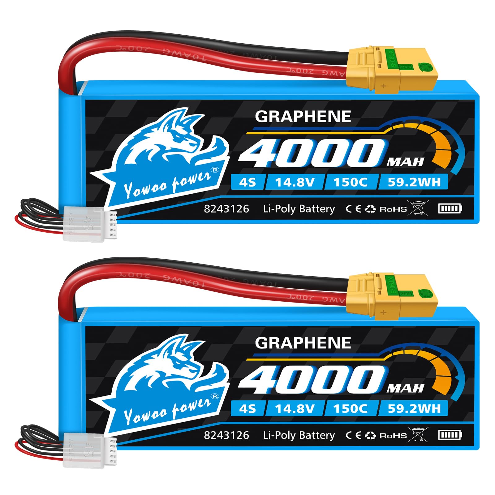 Photo 1 of Yowoo 4S Lipo Battery 4000mAh 14.8V 150C Graphene Battery with Amass XT90S Anti-Spark Plug Compatible with 1/10 1/8 Scale RC Car Truck Vehicle Airplane Helicopter Boat Tank Models (2 Packs)