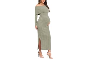 CYCLAMEN Off-Shoulder Maternity Sweater Dress Rib Knit Long Sleeve Dresses with Side Slit Pregnancy Clothes Baby Shower