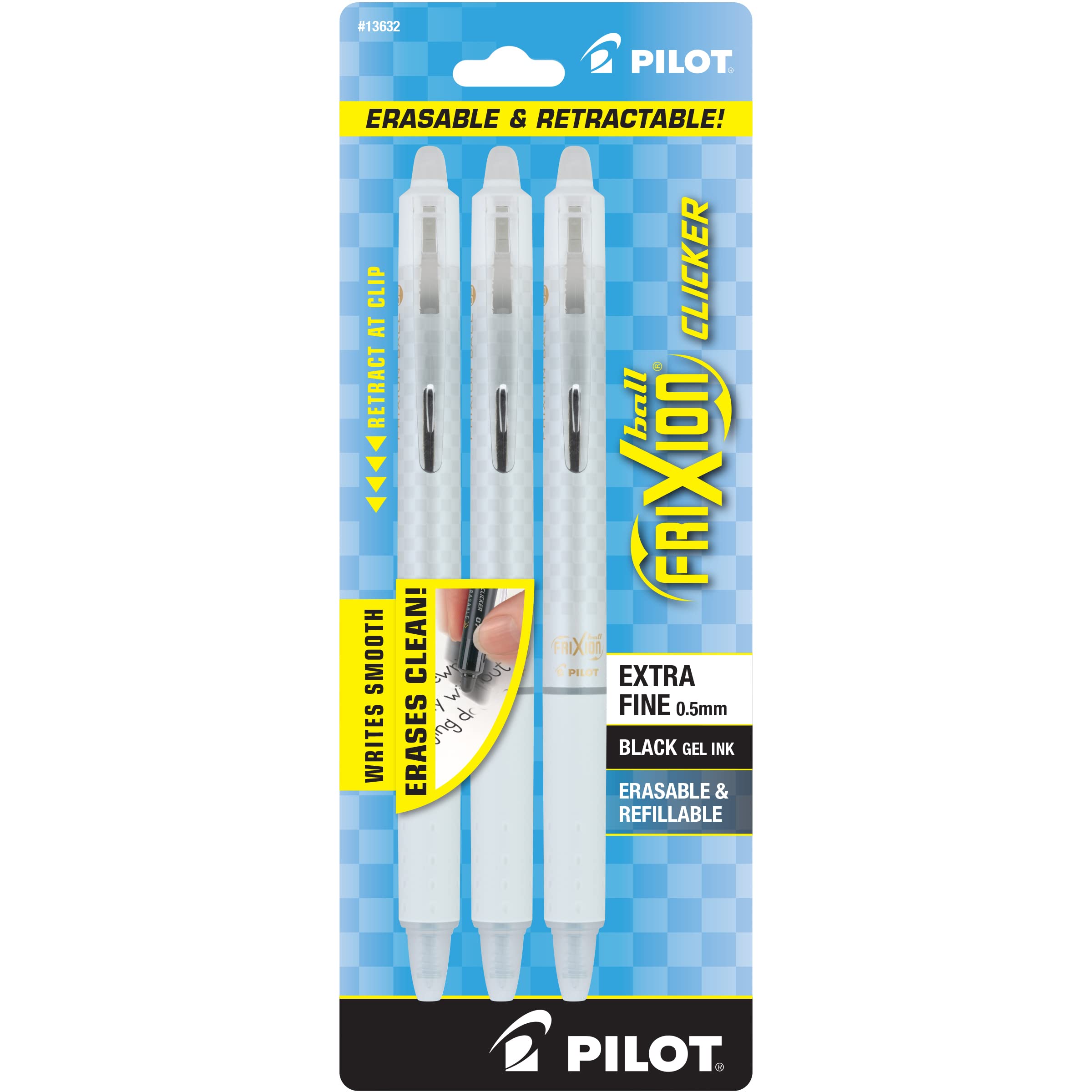 Photo 1 of Pilot FriXion Ball Clicker Erasable White Pen, Extra Fine, 0.5 mm, Black Gel Ink, 3 Pack (13632)