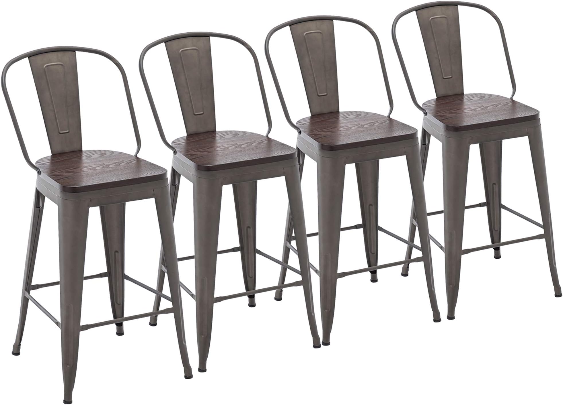 Yongchuang 26" Metal Bar Stools Set of 4 High Back Counter Height Chairs Kitchen Dining Stools Bar Chair with Wood Top Gunmetal