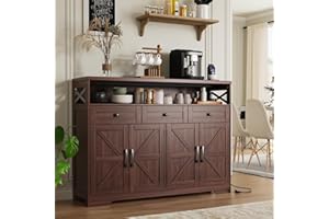 FIVEWILLOWISE 51" Dark Brown Buffet Sideboard Cabinet, Farmhouse Storage Cabinet Kitchen Pantry with Shelf and Drawers, Wood Cupboard Hutch Cabinet, Coffee Bar Station Table for Kitchen, Living Room, Dining Room