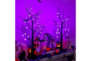 GRASTFU Halloween Decorations Indoor 2 Pack 24 Inch Halloween Black Tree with 24 Purple Lights, Timer/USB/Battery Operated Tabletop Lighted Halloween Spooky Tree for Halloween Table Decor Home Indoor Party