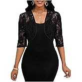 OYOANGLE Women's Floral Lace 3/4 Sleeve Dressy Bolero Shrugs Open Front Lightweight Cropped Cardigans