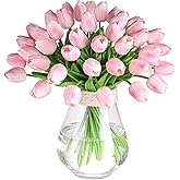 30 Pcs Artificial Tulips PU Faux Flowers, Pink Real Touch Fake Tulips for Valentine's Day Spring Easter Home Kitchen Wedding Decorations and New Year Decor