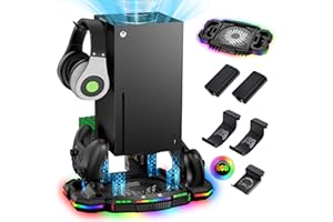 Narati Cooling Fan Stand and Charger Station for Xbox Series X- LED Stand with RGB Lights- 1400mAh Rechargeable Batteries- Dual Cooling Charging Dock Accessories with Headset Hook for Xbox Series X