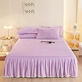 Pom Pom Velvet Bed Skirt, 22 Inch Drop Dust Ruffle Bed Skirt Soft Cozy Wrap Around Fitted Sheet, Fitted Bed Sheet with Skirt,