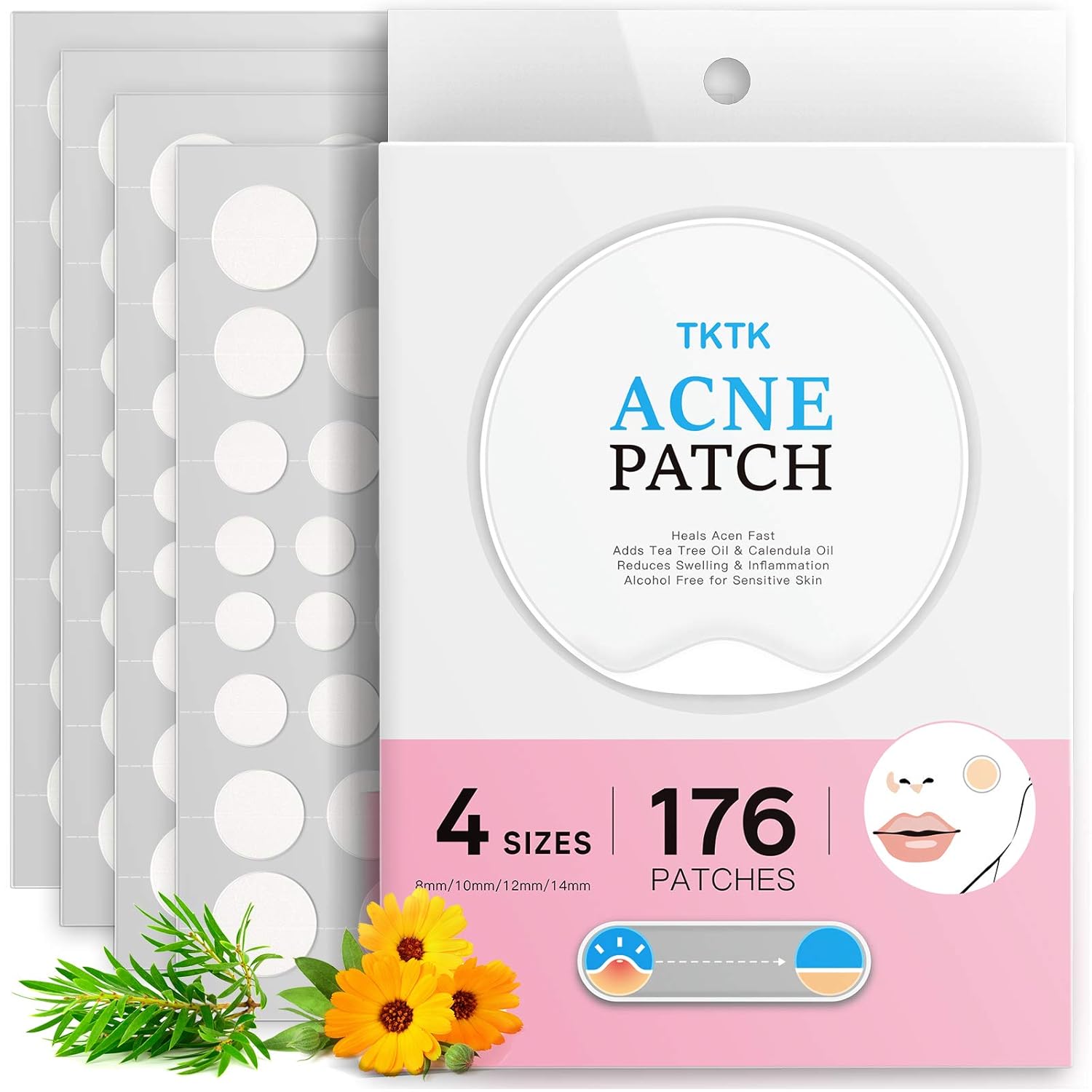 Pimple Patches, TKTK Acne Patches For Face 4 Sizes 176 Patches Hydrocolloid Patch Acne Absorbing Zit Patch Easy To Peel, Add Tea Tree & Calendula Oil