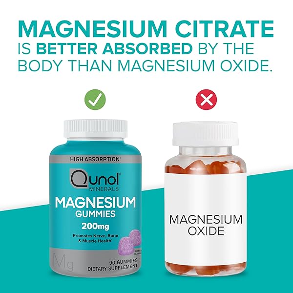 QUNOL MAGNESIUM GUMMIES FOR ADULTS, 200MG ELEMENTAL MAGNESIUM (FROM 1,750MG MAGNESIUM CITRATE), HIGH ABSORPTION MAGNESIUM SUPPLEMENT, SUPPORTS NERVE, BONE AND MUSCLE HEALTH, VEGETARIAN, 90 COUNT