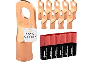 SELTERM 10pcs - 2/0 Awg - 3/8" Stud - Battery Lugs - Ring Terminal Connectors | with 12pcs 3:1 Black & Red Heat Shrink Tubing with Adhesive | Heavy Duty Battery Cable Ends - Bare Copper Wire Lugs Kit