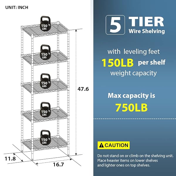 BESTOFFICE ADJUSTABLE NSF-CERTIFIED METAL SHELF WIRE SHELVING UNIT STORAGE FOR SMALL PLACES RESTAURANT GARAGE PANTRY KITCHEN GARAGE RACK (BLACK, 16.7L×11.8W×47.6H)