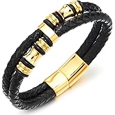COOLSTEELANDBEYOND Mens Double-Row Braided Leather Bracelet Bangle Wristband with Black Stainless Steel Ornaments