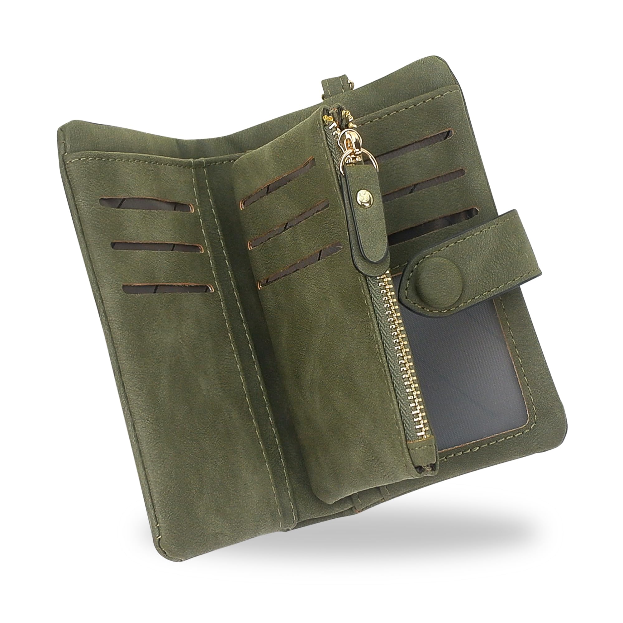 conisy Small Wallets for Women, Soft Leather Multi Card Holder RFID Blocking Womens Wallet with Wristlet Zipper Coin Pocket (Olive Green)