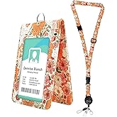 Cute Badge Holder with Clear Double-Sided Windows Easily Holds 1 to 4 Cards,Floral Leather ID Name Badge Holder with Adjustable Retractable Lanyards, Breakaway Neck Lanyards for Nurse Teacher School