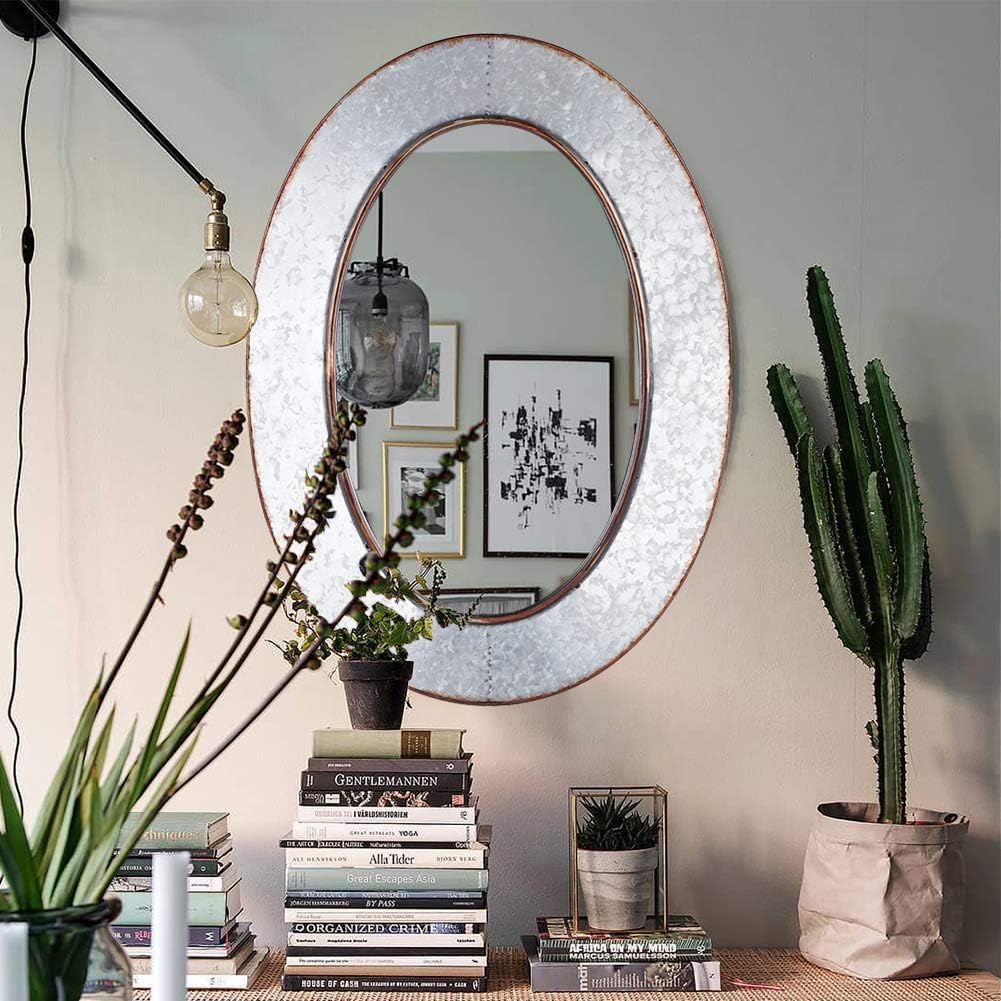 Geloo Bathroom Mirrors Industrial Galvanized - 28 Inch Oval Wall Mirrors, Gray Farmhouse Mirrors Wall Mounted,Vanity Mirror for Wall Decor Design for Bedroom, Street, Antique, Entryway: Furniture & Decor