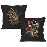 VRW Vintage Floral Throw Pillow Covers 18x18, Dark Academia Flower Botanical Decorative Pillow Covers for Home Bedroom Living Room, Moody Floral Accent Pillows Cover Pillowcases Set of 2