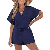 CUPSHE Women's Romper Knit V Neck Short Sleeves Drawstring Waist Straight leg Outfit Casual Dressy