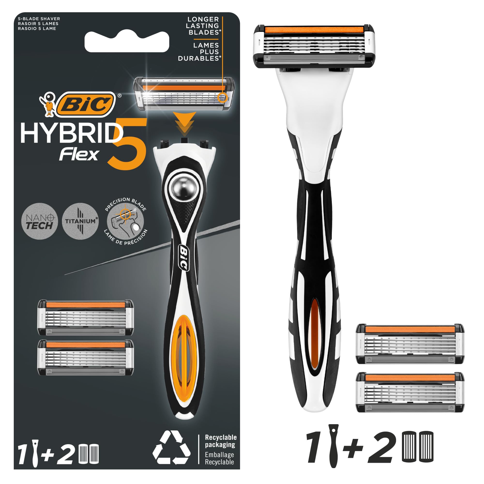 BIC Hybrid 5 Flex Refillable Men's Razor Kit, Handle and Nano-Tech Titanium 5-Blade Refills - Box of 1+2