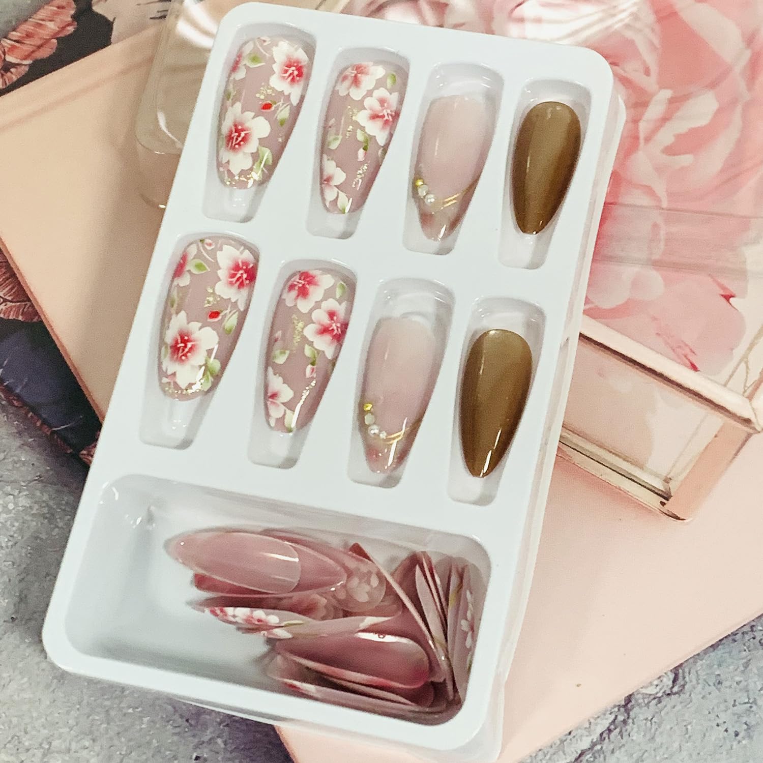 Press on Nails Medium Almond Shape-Glossy Full Cover Acrylic Pointed Rhinestone False Nails with Pink Floral Designs Artificial Fake Nails with Charms Glue ons Nails Stick on Fingernails for Women - Image 5