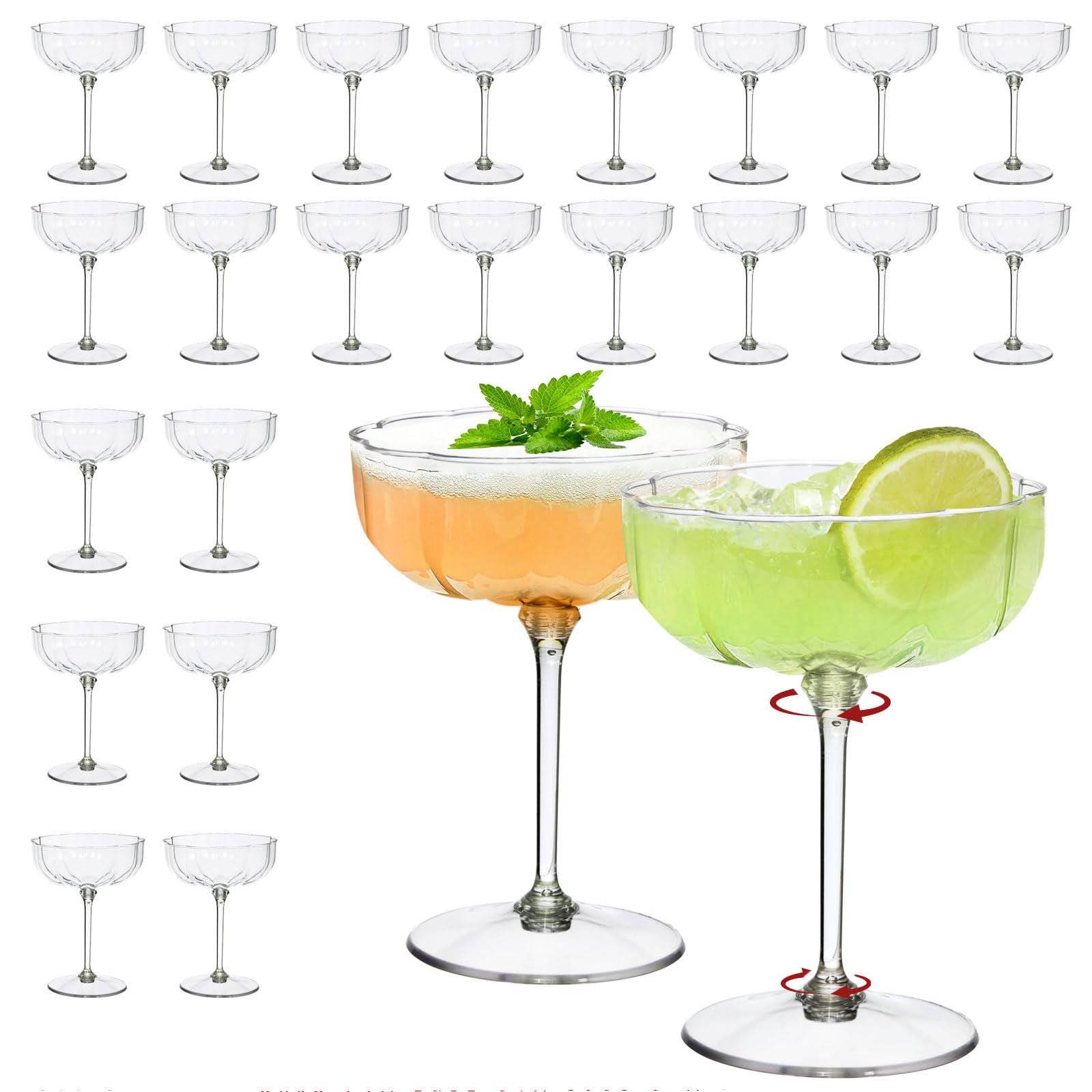 Photo 1 of CALBODE 24Pcs Plastic Martini Glasses with Detachable Stem, 7oz Plasitc Coupe Glasses Petal Shape Vintage Cocktail Glassware Set Toasting Cups for Birthday Party Engagement Wedding (Clear)