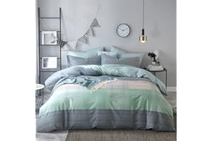 Highbuy Twin Duvet Cover Set Soft Cotton Kids Grey Green Stripe Comforter Cover Twin Men and Women 3 Pieces Geometric Grid bedding Sets Comforter Duvet Cover Set for Teens boys Twin bedding