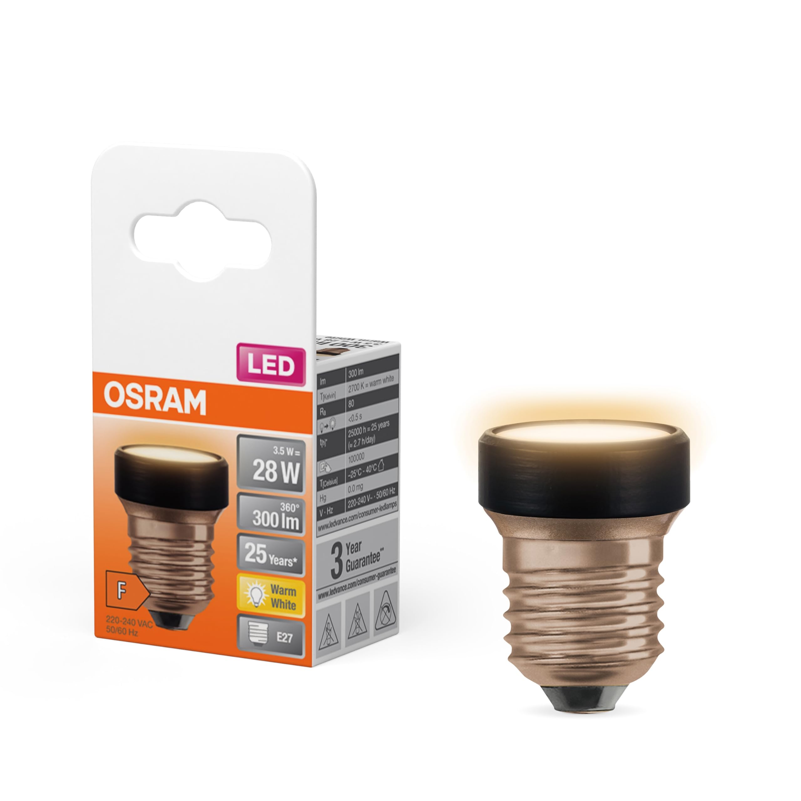 OSRAM LED Star Flat with 3.5 W (as 28 W), 300 lm/2700 K, 827 Warm White, Frosted, Black Plastic, with E27 Screw, Non-dimmable, 35 mm Diameter.
