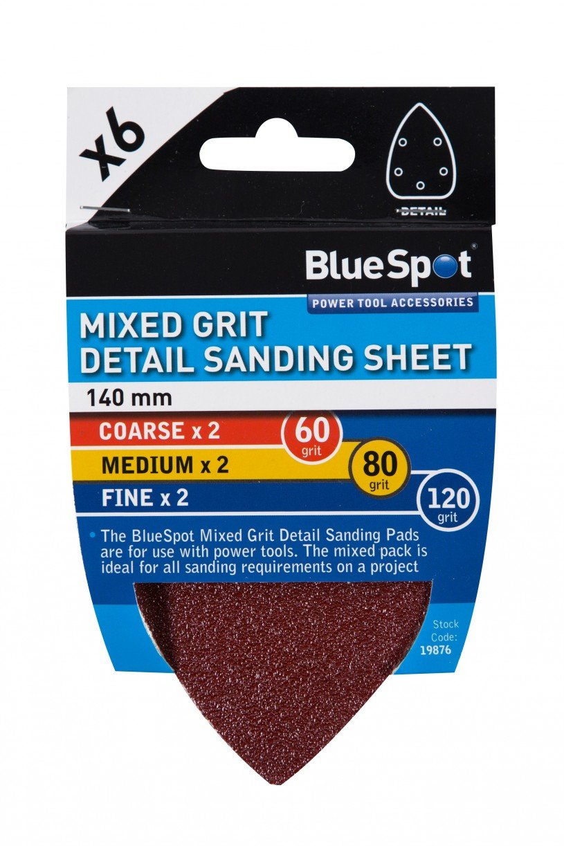 Blue Spot Tools 19876 6 Pack 140mm Mixed Grit Detail Sanding Sheets
