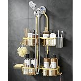 MSAICOE Adjustable Hanging Shower Caddy for Handheld Showerhead, Rustproof Aluminum Over Shower Head Organizer, Renter-Friendly No-Swing Storage for Tall Bottles &amp; Soap, 2-Tier, Gold