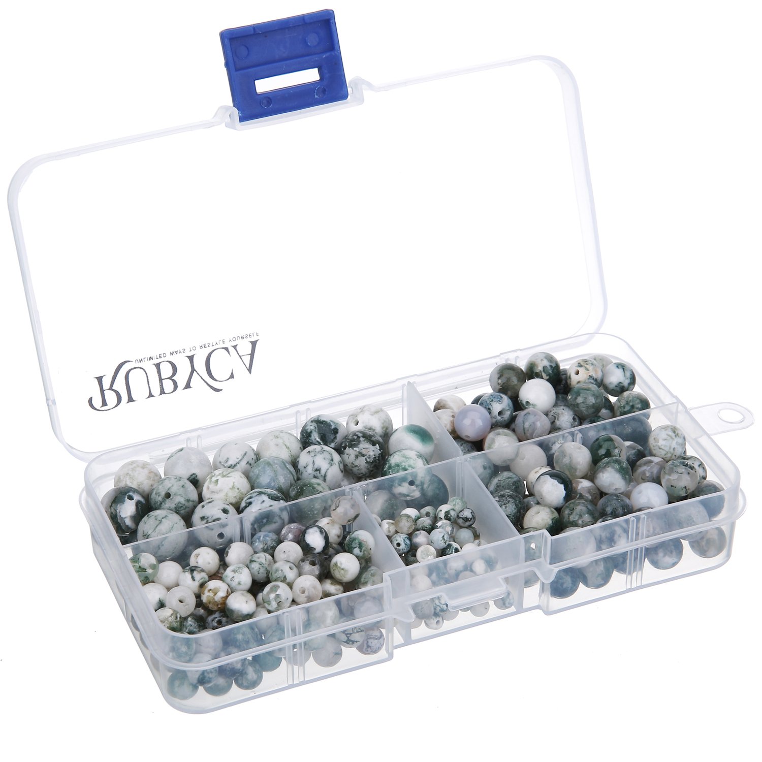 RUBYCA Natural Tree Agate Gemstone Round Loose Beads Organizer Plastic Box Jewelry Making Mix Sizes
