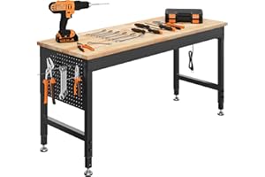 CAMMOO 60" Adjustable Heavy Duty Workbench, 2000 LBS Load Capacity Rubber Wood Work Table with Pegboard, Power Outlets, Work Bench for Garage, Workshop, Office, Home, Commercial