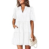 KIRUNDO Eyelet Summer Dresses for Women 2026 Mini Casual Hollow Out Short Sleeve Lace Tiered V Neck Shift Dress Pockets