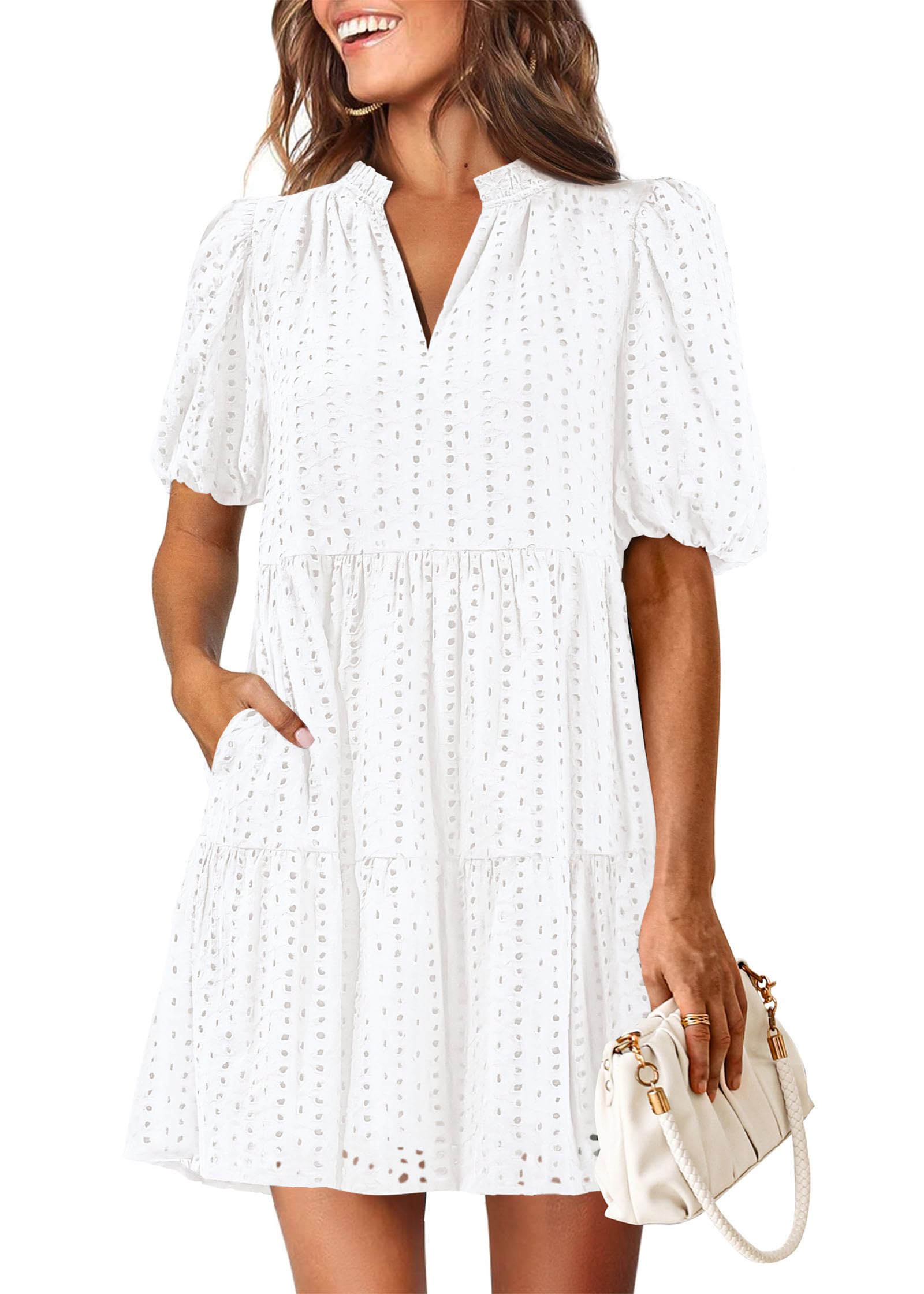 Photo 1 of KIRUNDO Eyelet Summer Dresses for Women 2025 Mini Casual Hollow Out Short Sleeve Lace Tiered V Neck Shift Dress Pockets(White, Medium)