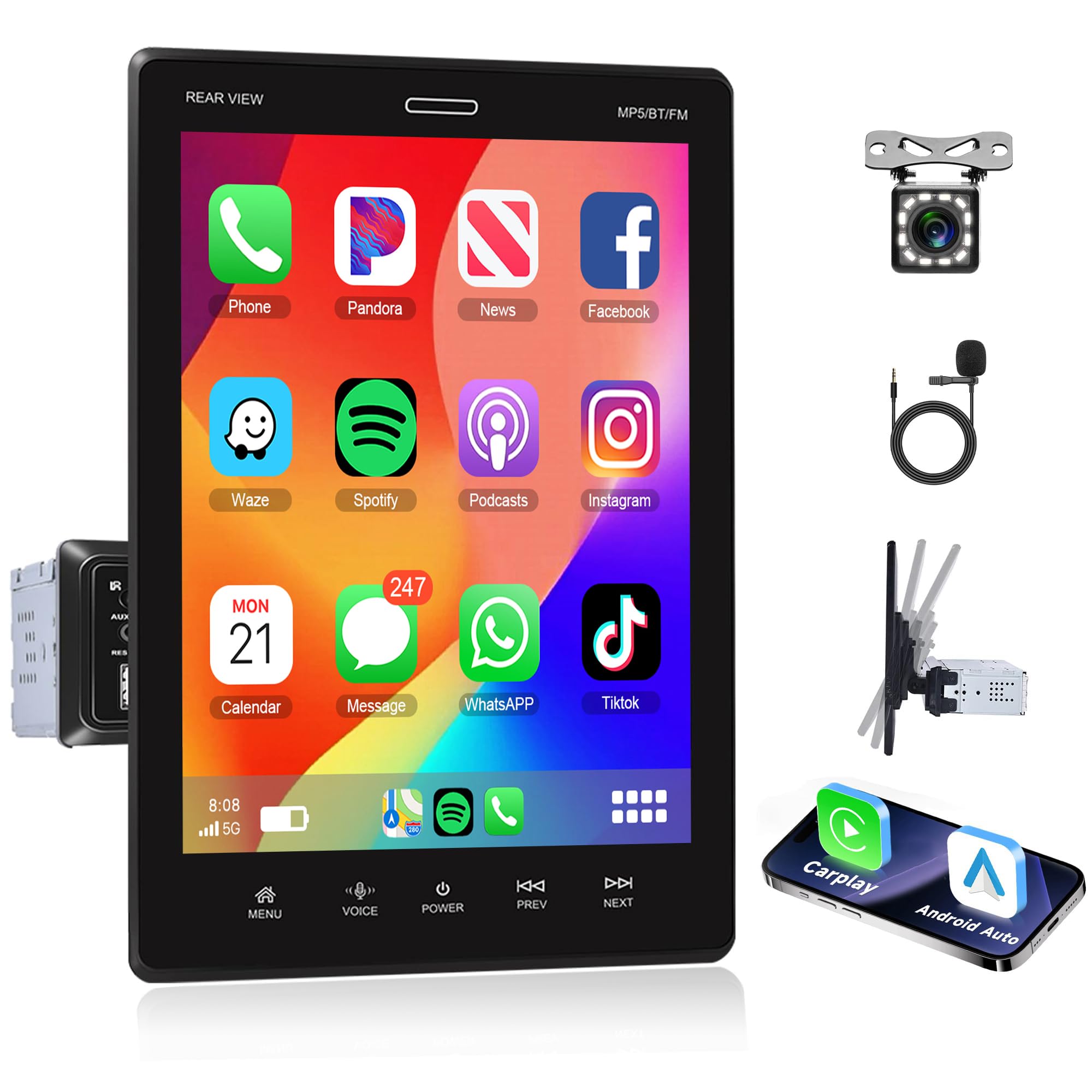 Photo 1 of Car Stereo Single Din Touchscreen Carplay, Rimoody 9.5 Inch Vertical Detachable Car Radio with Bluetooth FM Radio Mirror Link TF/USB/AUX Input Car Multimedia Player+ Backup Camera