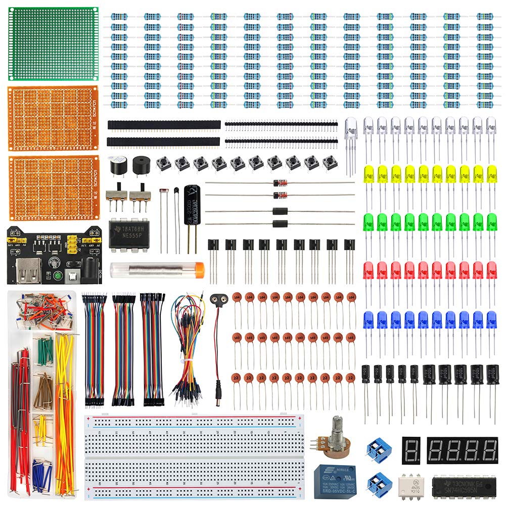 Photo 1 of WayinTop Electronics Component Fun Kit w/E-Book, Upgraded Electronic Starter Kit with Breadboard Jumper Wires Kit, PCB Soldering Kit, LEDs & Resisitor Kit for Arduino/for Raspberry pi/ESP32/ESP8266