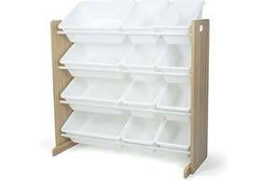 Humble Crew Kids Toy Storage Organizer with 12 Plastic Bins, Natural Wood/White – Removable Bins for Playroom, Bedroom, Toddler Furniture for Boys and Girls Ages