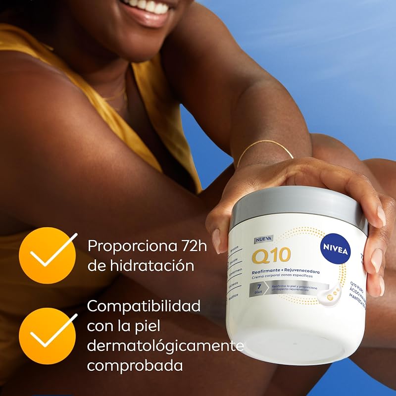 Q10 Crema Reafirmante + Rejuvenecedora para Zonas Específicas (400 ml), crema corporal con Ácido Hialurónico y Manteca de Karité, hidratante 72h para brazos, glúteos, abdomen y rodillas