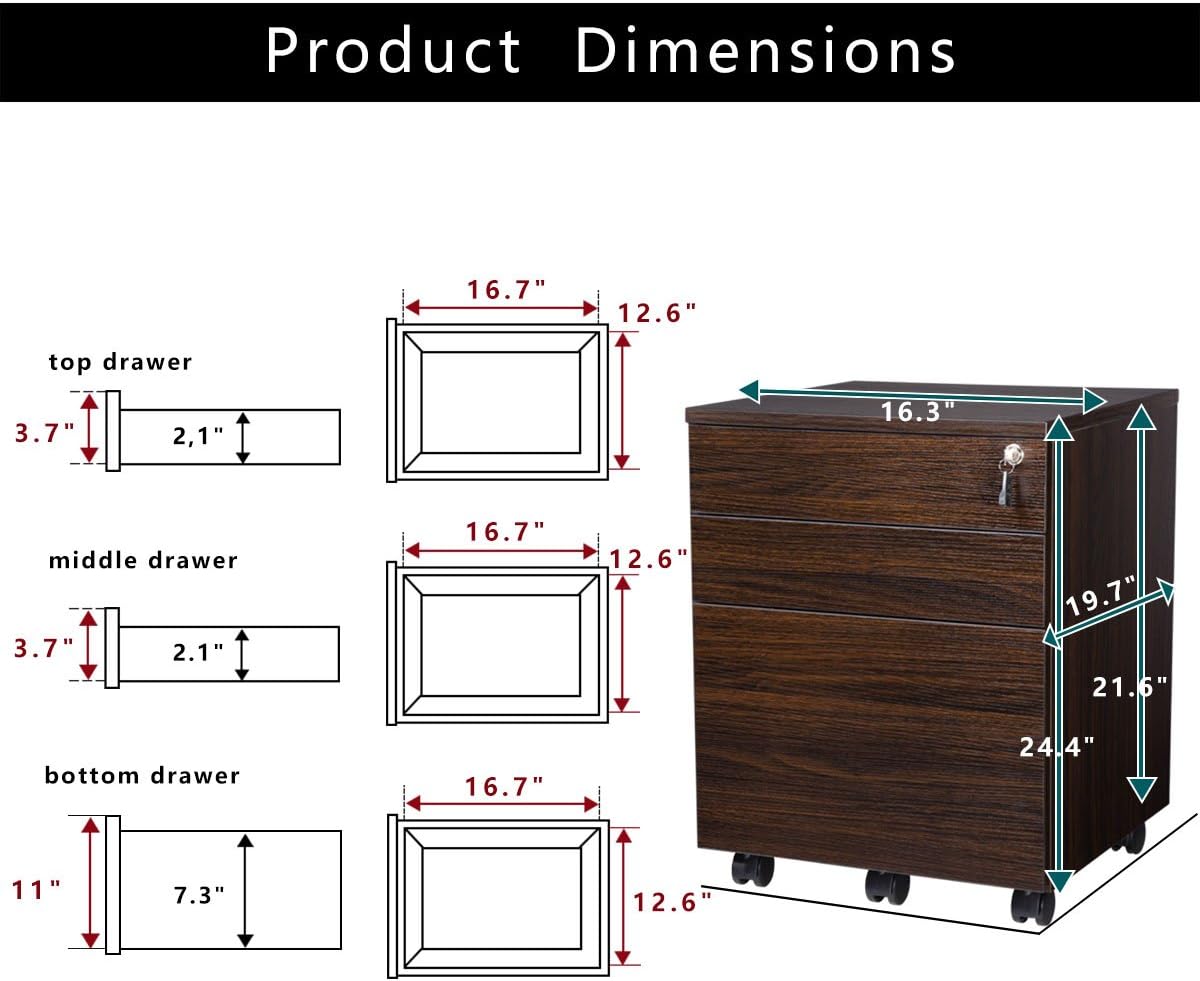 TOPSKY 3 Drawers Wood Mobile File Cabinet Fully Assembled Except Casters (Walnut Letter Size) : Office Products