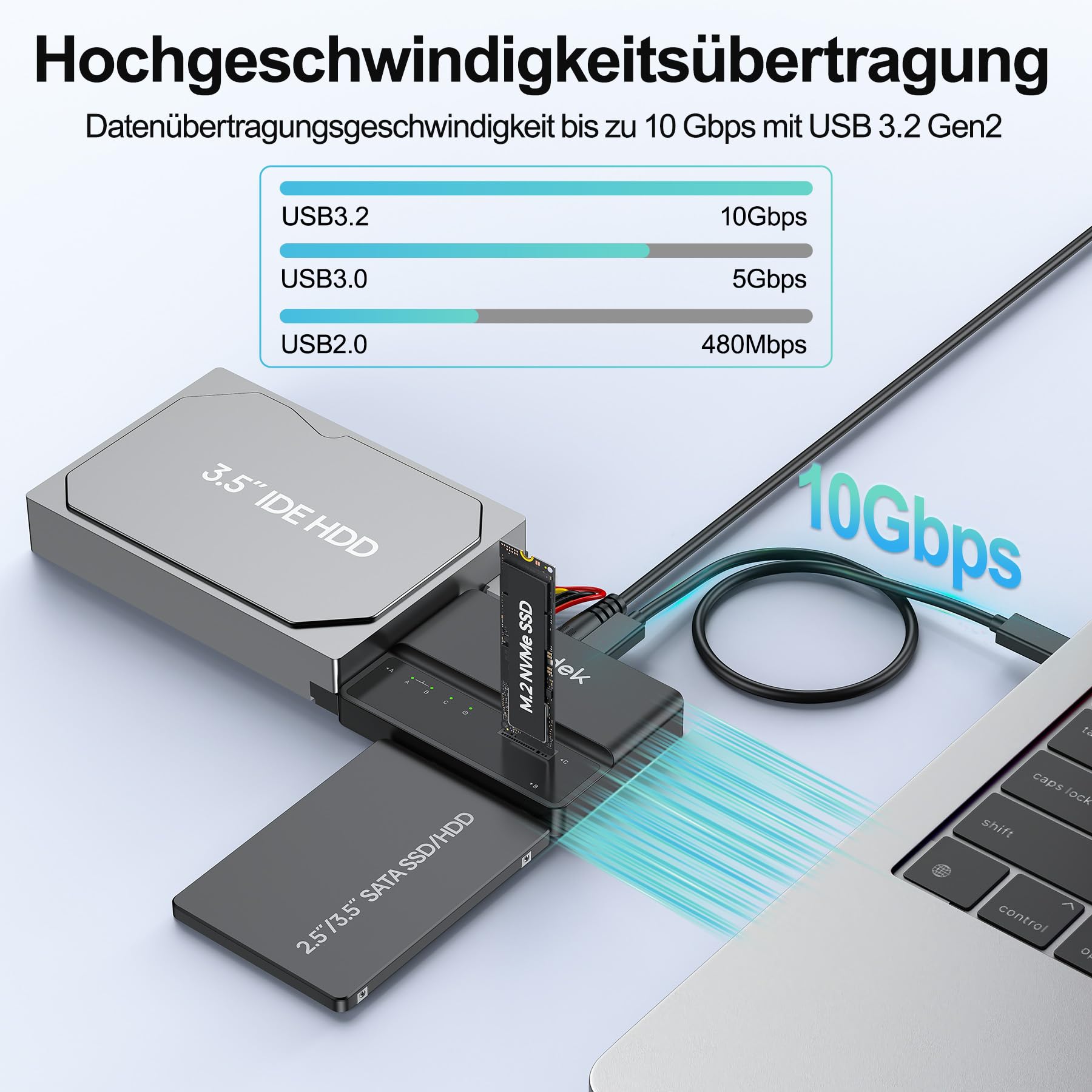 SUIDEK NVMe M.2 zu SATA Adapter, USB 10Gbps Festplattenlesegerät, PCIe NVMe, SATA und IDE Adapter, SSD Gehäuse unterstützt M.2(M Key&M+B Key) SSDs Aller Größen, 2,5/3,5 SATA SSD HDDs und 3,5 IDE HDDs 3