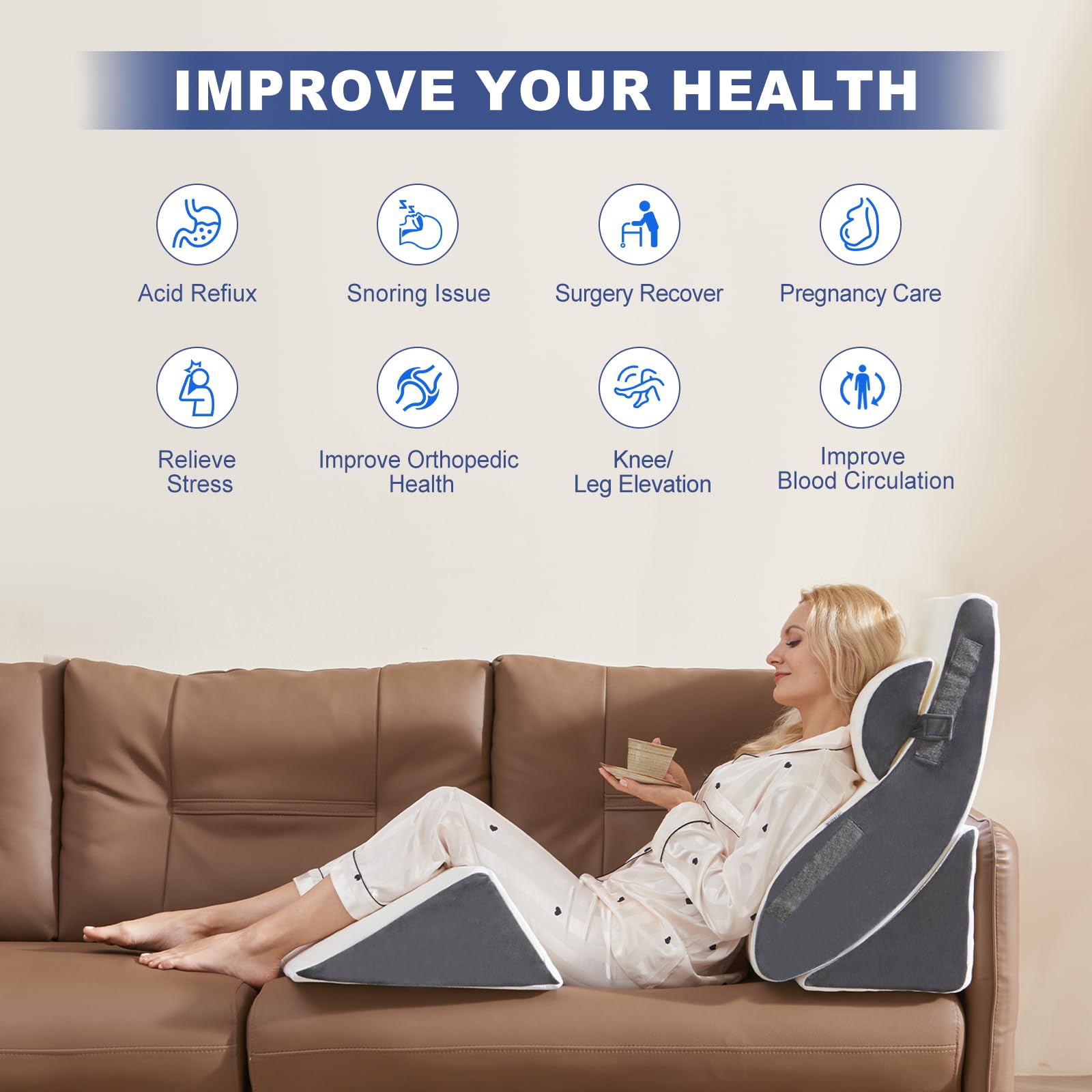 4PCS Orthopedic Bed Wedge Pillow Set for Sleeping, Post Surgery Foam Support Pillows for Back, Neck and Leg Pain Relief, Adjustable Triangle Pillow – Acid Reflux, GERD & Snoring Recovery, White Grey