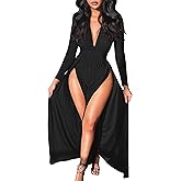 GOKATOSAU Women's Sexy Plunge V Neck Long Sleeve Double High Split Bodycon Long Maxi Dress