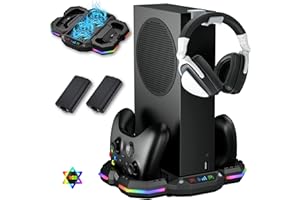 Cooling Fan Stand for Xbox Series S with RGB Light Strip, Wiilkac Upgraded Dual Controllers Charging Dock Accessories with 2 X 1400mAH Rechargeable Battery Pack, Headset Hook & USB Ports - Black