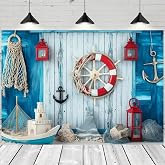 Blue Wooden Nautical Photo Background Summer Nautical Theme Baby Shower Birthday Party Decoration Sailing Ship Boat Rudder Fishing Net Summer Nautical Holiday Backdrop (7X5FT)
