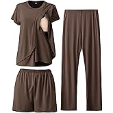 Rnxrbb 3 Piece Postpartum Nursing Pajamas Set Casual Soft Maternity Breastfeeding Pjs Sleepwear Loungewear Clothes Layer