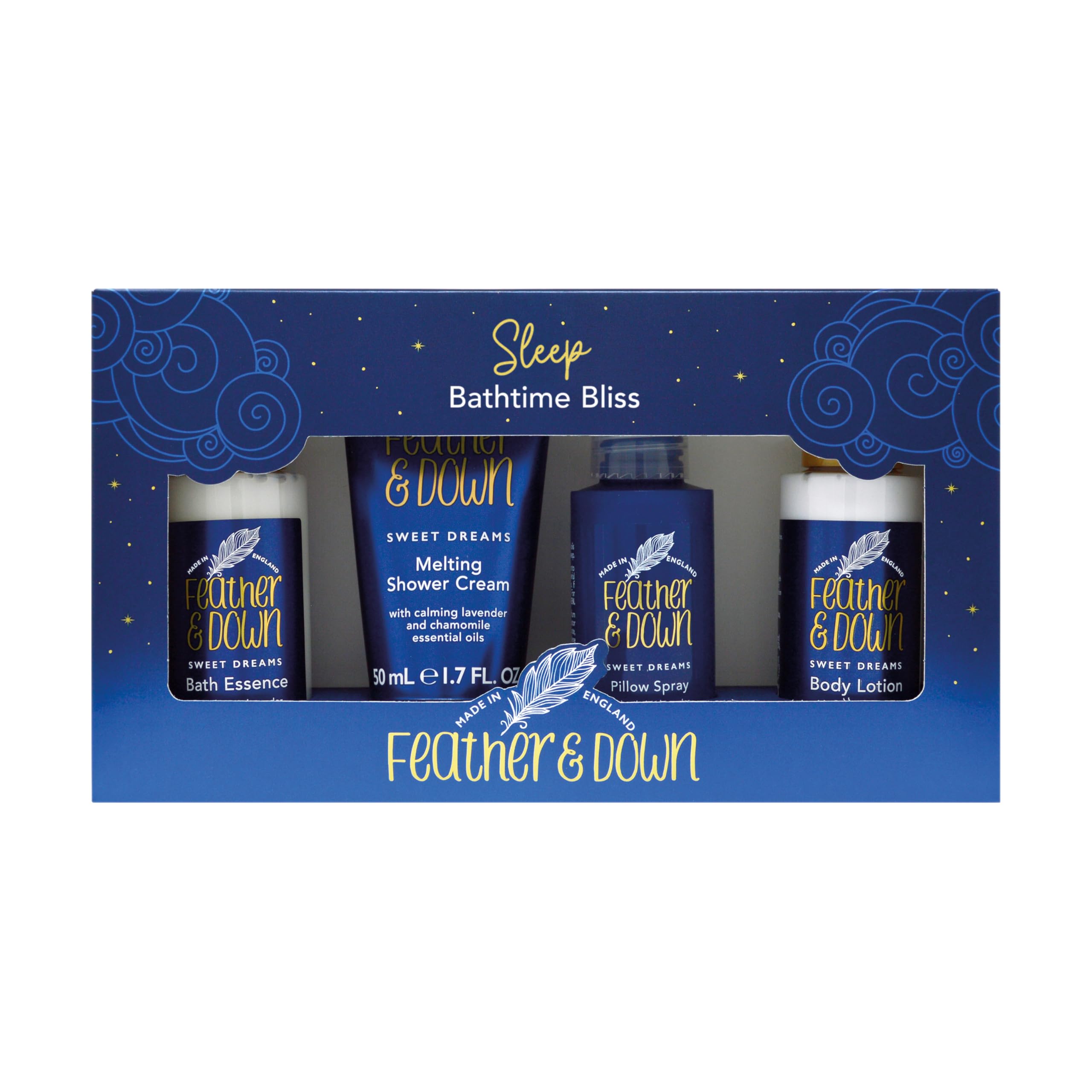 Feather & Down Bathtime Bliss Gift Set (Shower Cream, Pillow Spray, Bath Essence & Body Lotion) - Bath Set with lavender & chamomile essential oils, Mothers Day relaxation gift