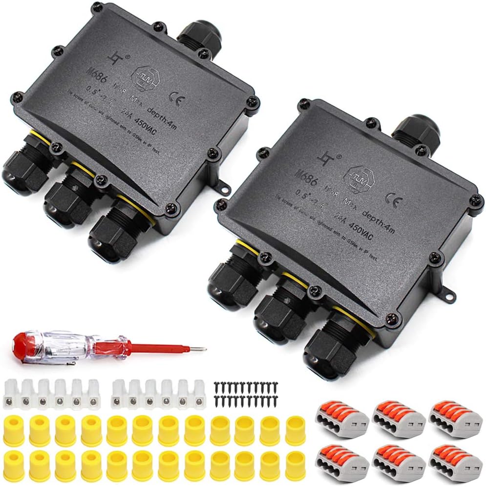 2 PCS IP68 Waterproof Junction Box, HUYU 4-Way Outdoor Cable Connectors with 4 Cable M25 Gland Wire Connector Electrical Junction Box for 4-14 mm Diameter Cable, Black